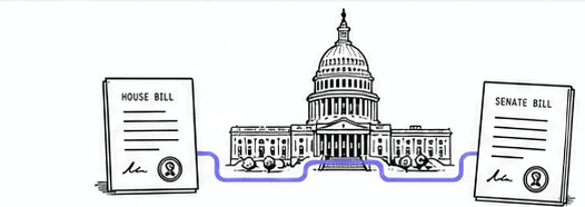 Illustration: a House bill and a Senate bill flanking the U.S. Capitol