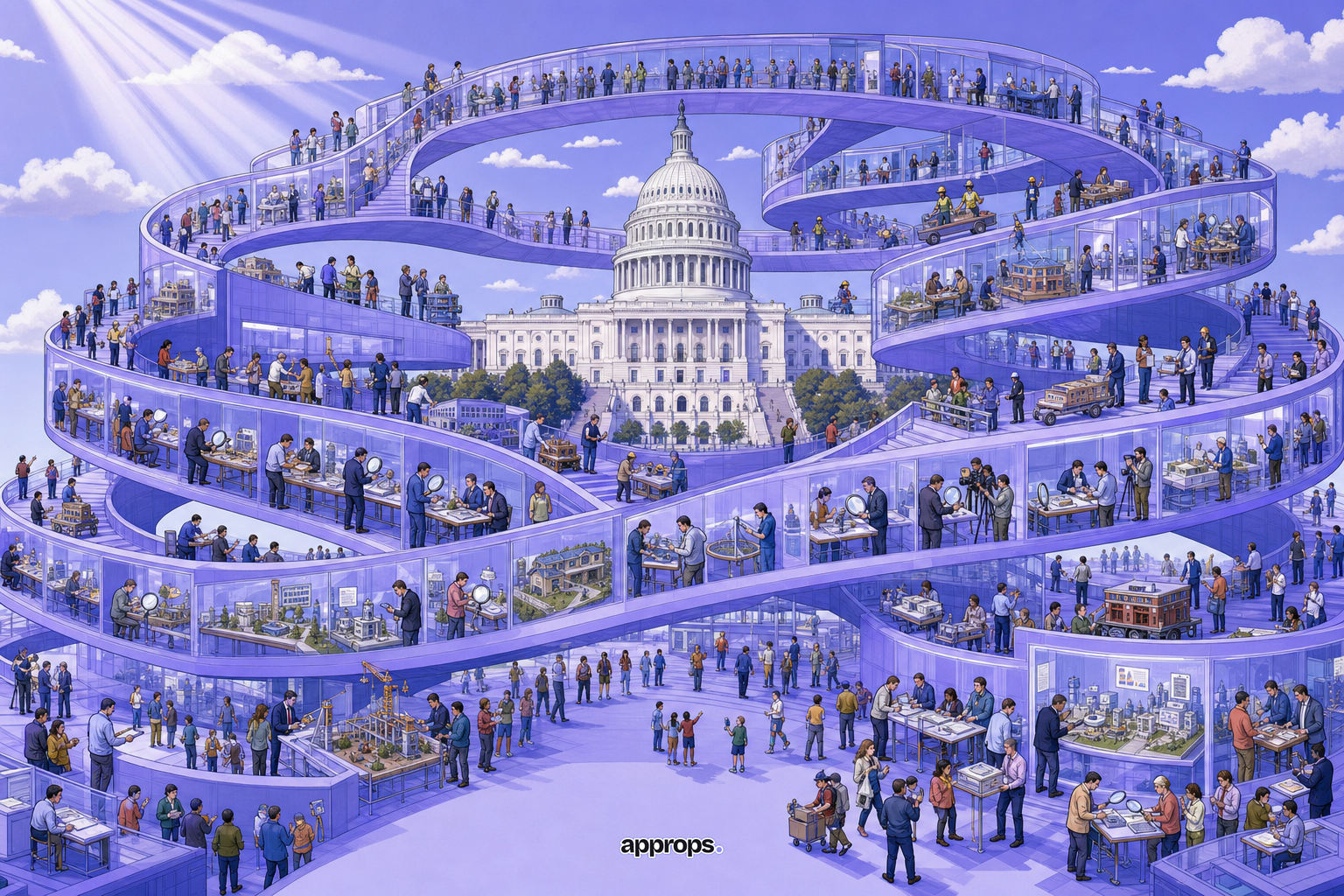 Click to enlarge Illustration: a spiraling glass gallery around the U.S. Capitol, crowded with people examining model community projects with magnifying glasses and cameras