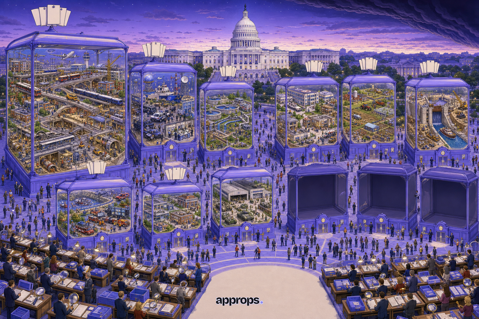 Click to enlarge Illustration: twelve glass display cases on a plaza before the Capitol, each holding the projects one appropriations bill funds, three of them standing empty, while clerks at desks below examine project lists with magnifying glasses